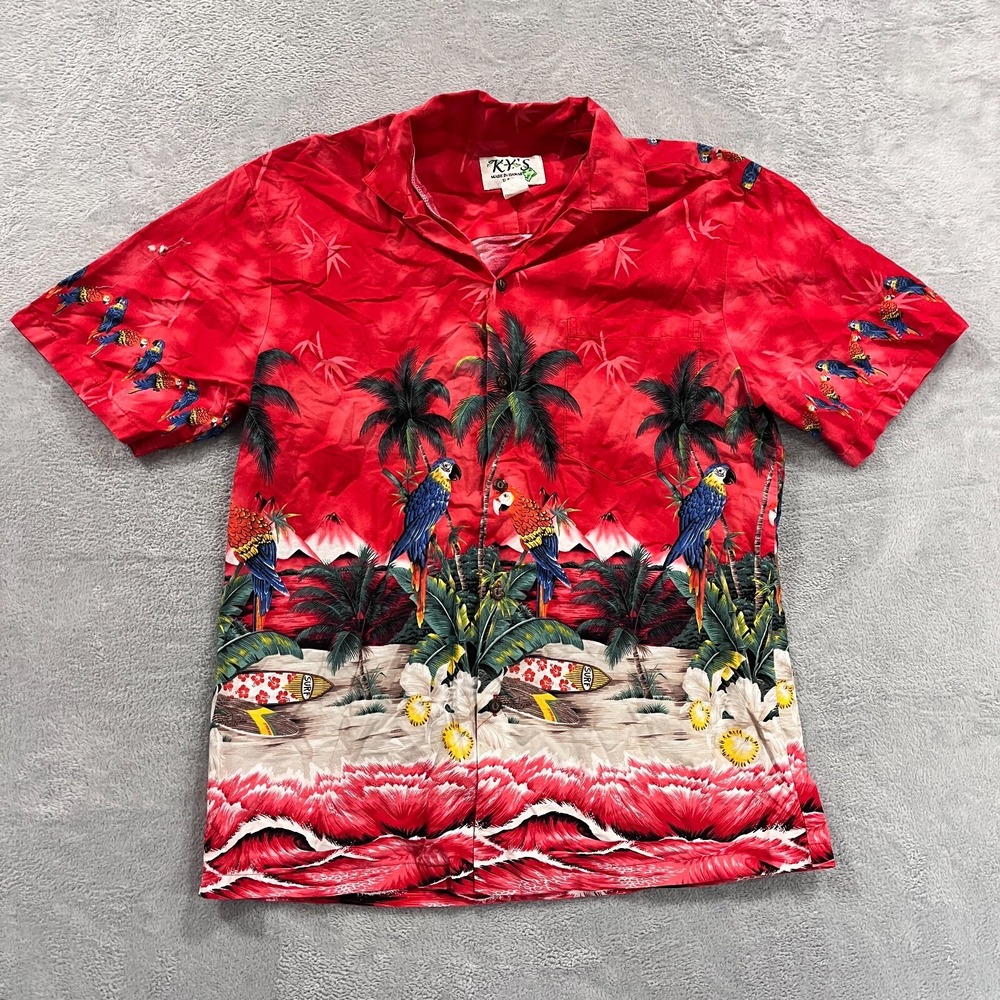 KY's Made‎ In Hawaii Men's Hawaiian Shirt Men's L Surfboard Tropical Print Red